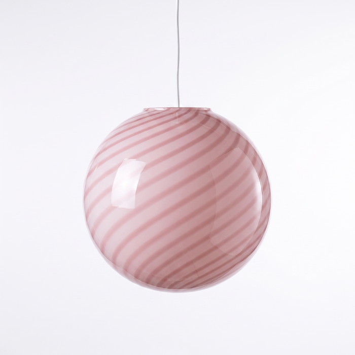 Hand blown glass pendant light in pink swirl opal glass, the BO-HA Kaja globe on a white background.