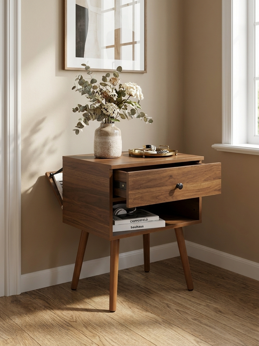 Hallvard - Mid Century Modern Nightstand Walnut Solid Wood Nightstand Small Bedside Table BO-HA