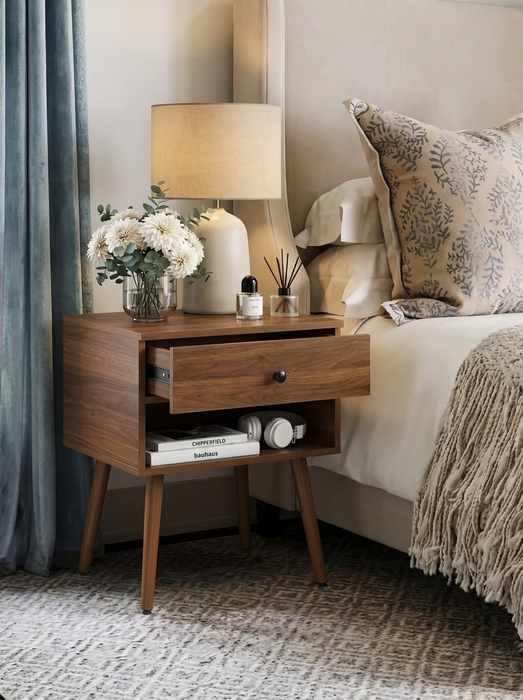 Hallvard - Mid Century Modern Nightstand Walnut Solid Wood Nightstand Small Bedside Table BO-HA