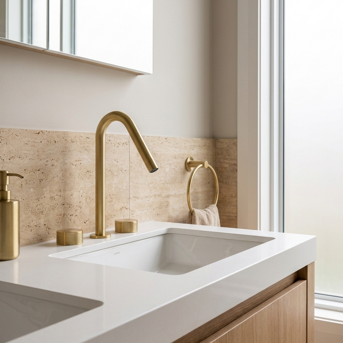 Kilde brushed gold bathroom vanity faucet on a travertine backsplash – Japandi styling