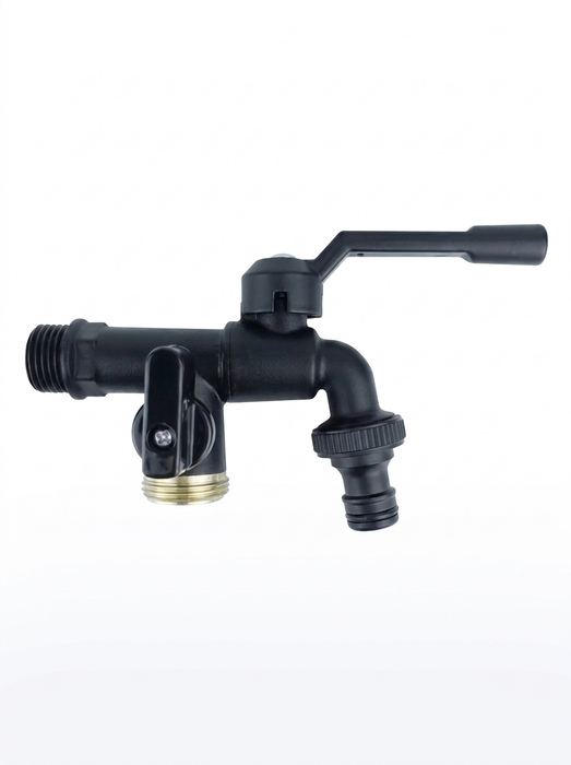 Skade – dual-outlet black outdoor garden faucet, anti-freeze bibcock with hose barb and threaded outlet