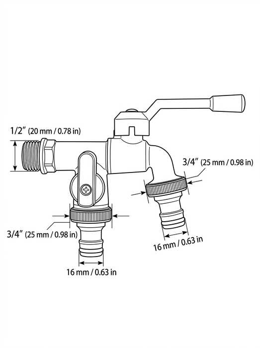 Skade – dual-outlet garden bibcock dimensions diagram – 1/2 inch inlet, 3/4 inch outlets, 16mm hose barbs
