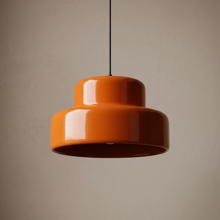 Two-tier orange lacquered iron shade of the Sunna Bauhaus pendant light, shown straight on against a warm greige backdrop